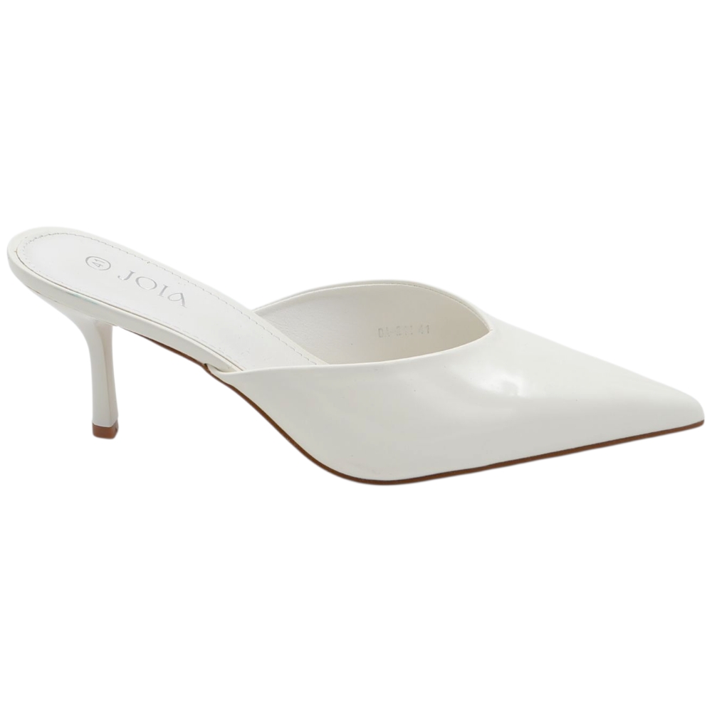 Decollete mule donna a punta lucido bianco con tacco sottile 7 cm senza chiusura