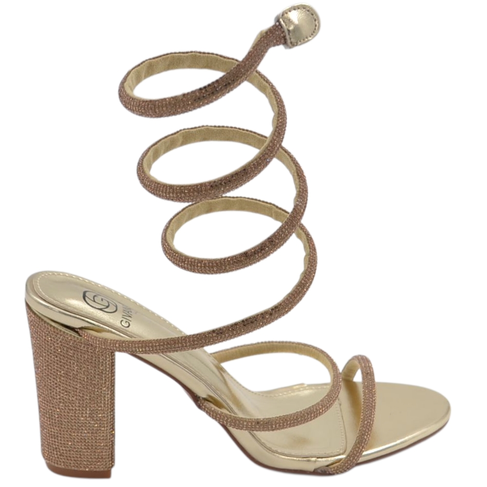 Sandali alto donna oro con brillantini tacco largo 10 cm serpente rigido alla gamba regolabile 