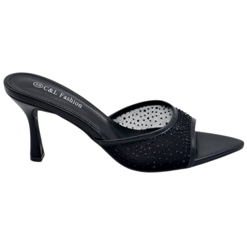 Sandali donna mule nero con tacco a rocchetto 7 cm e fascia trasparente con strass a punta senza chiusura.