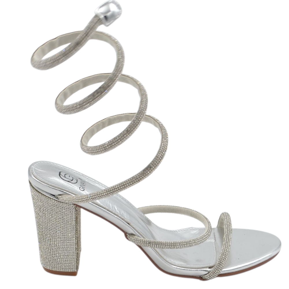 Sandali alto donna argento con brillantini tacco largo 10 cm serpente rigido alla gamba regolabile .