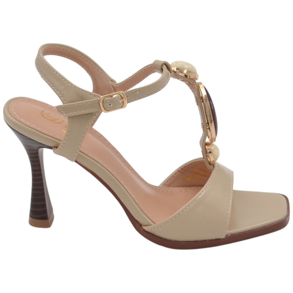 Sandalo donna beige con cinturino centrale tacco effetto legno rocchetto 9 cm con pietre chiusura alla caviglia