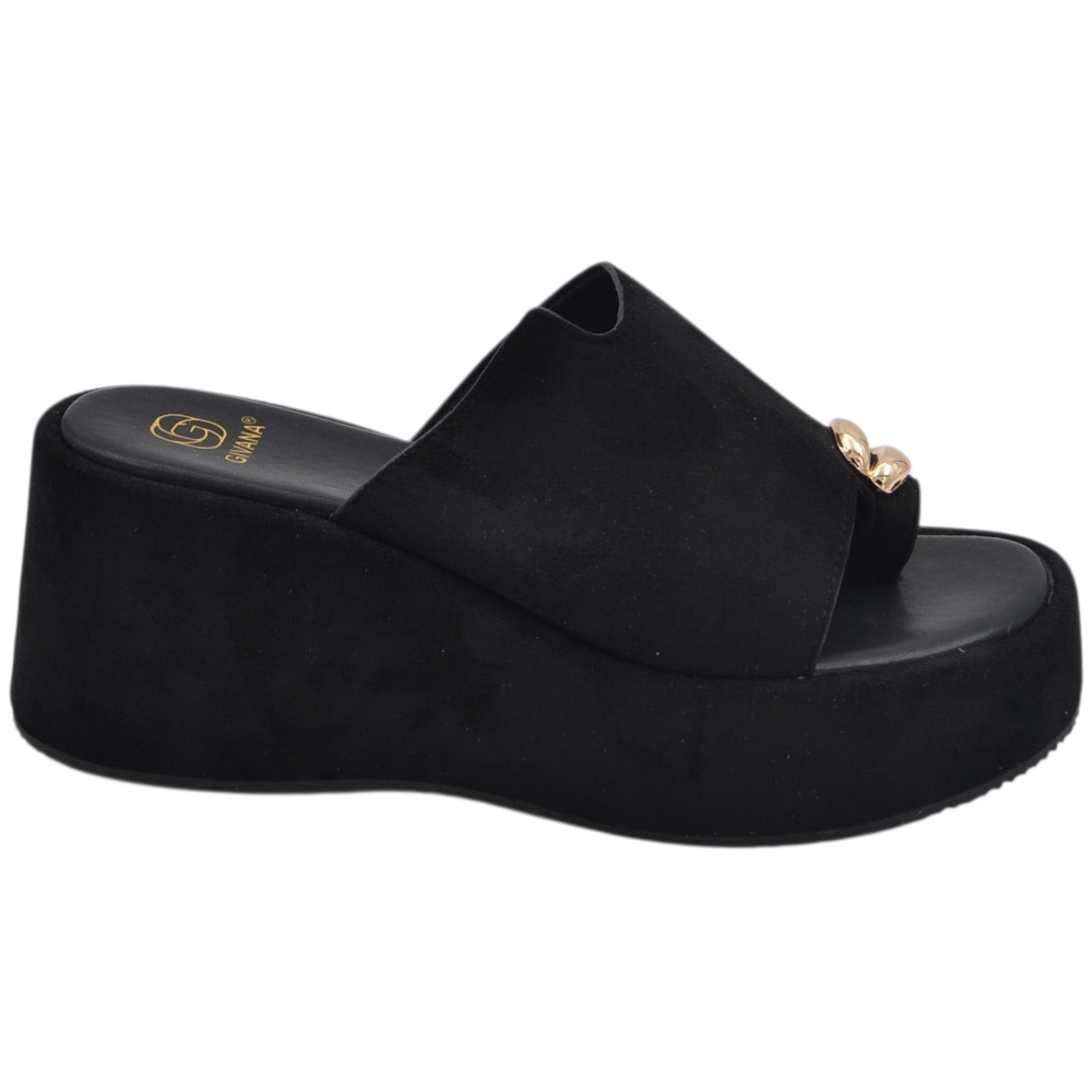 Zeppa donna in camoscio nero con tacco 8 cm e plateau 3,5 cm infradito dettaglio gioiello oro