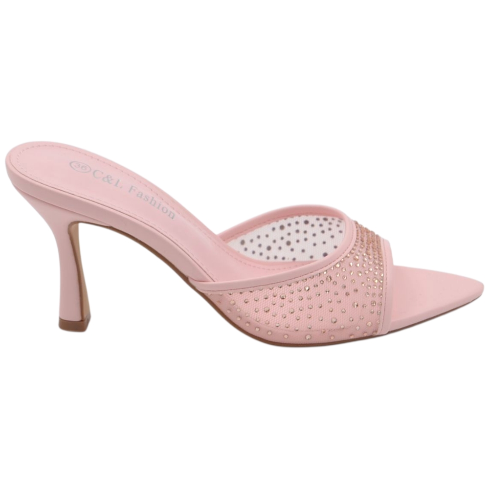Sandali donna mule rosa con tacco a rocchetto 7 cm e fascia trasparente con strass a punta senza chiusura