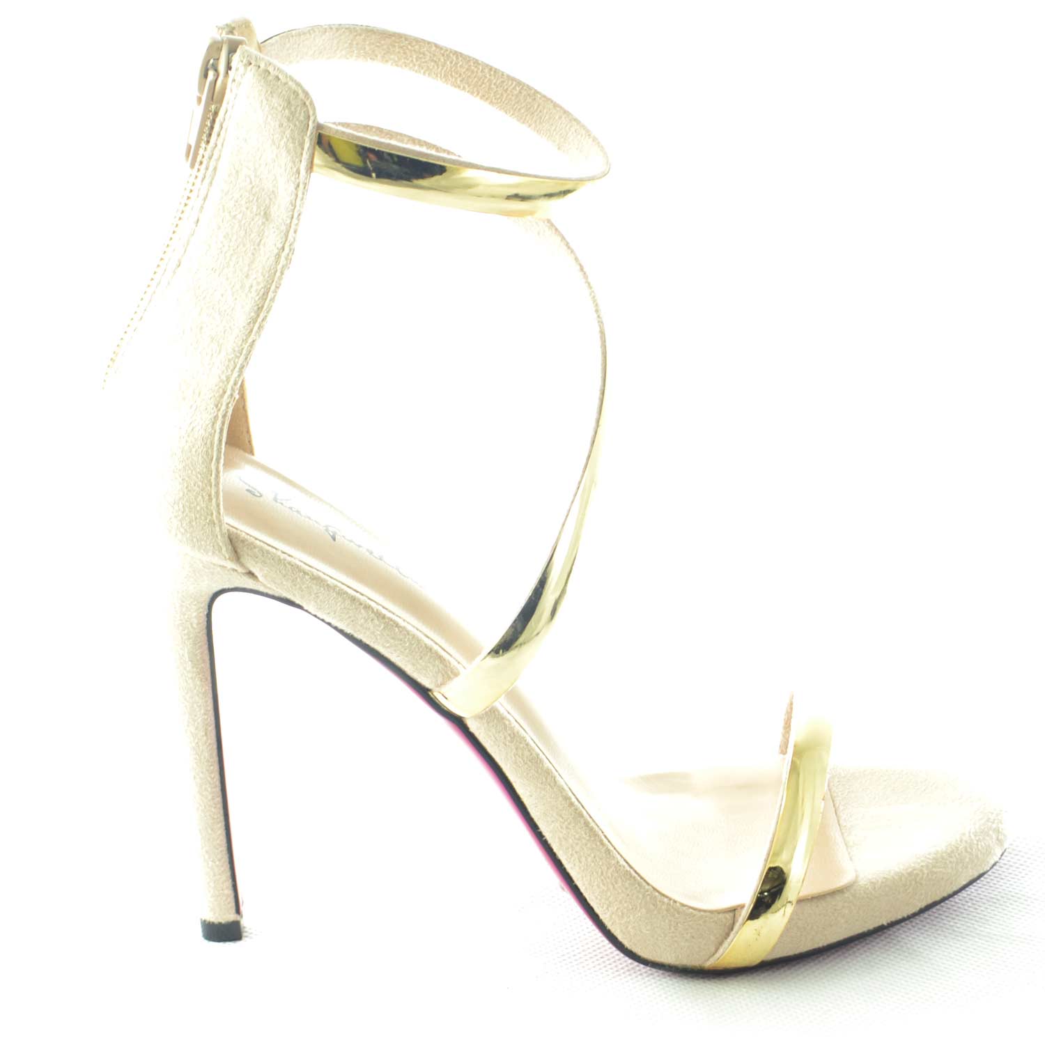 Sandalo elegante tacco a spillo in camoscio nude con fascette gold e intreccio a tre fasce glamour linea luxury