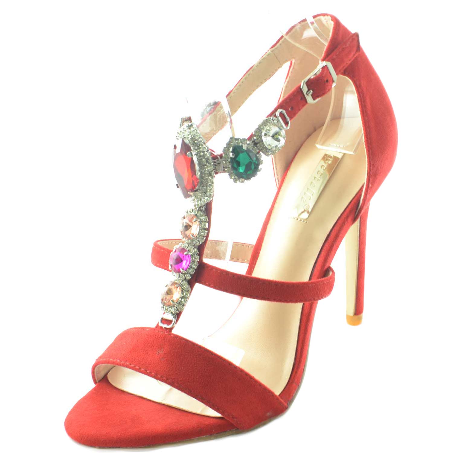 Sandalo rosso alto donna gioiello con tacco a spillo linea luxury pietre frontali colorate a forma di gemme