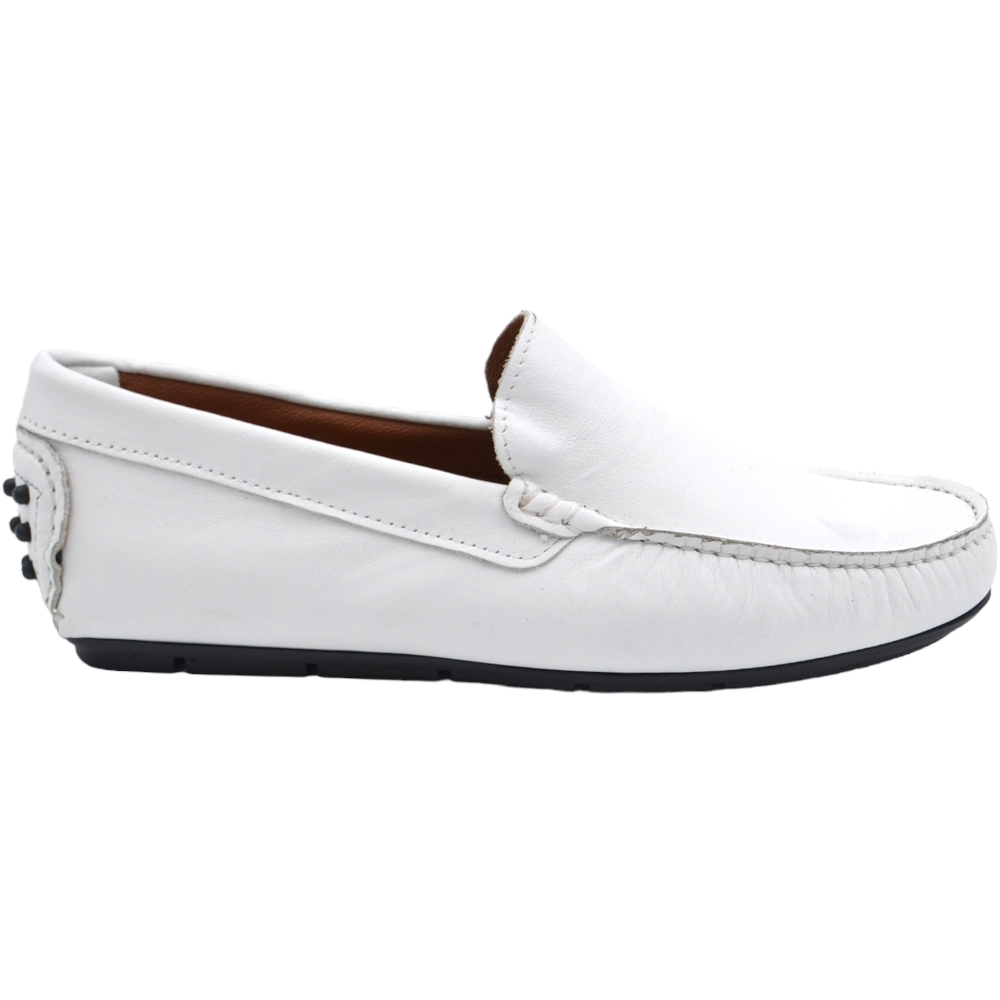 Mocassino barca uomo bianco comfort casual made in italy in vera pelle nappa fondo antiscivolo gomma estiva.