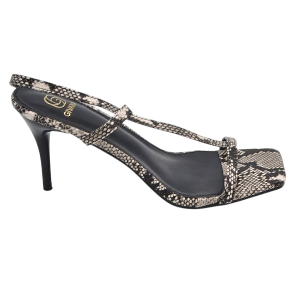 Sandalo tacco donna in pelle trama animalier opaca fasce sottili chiusura regolabile alla caviglia tacco sottile 8 cm.