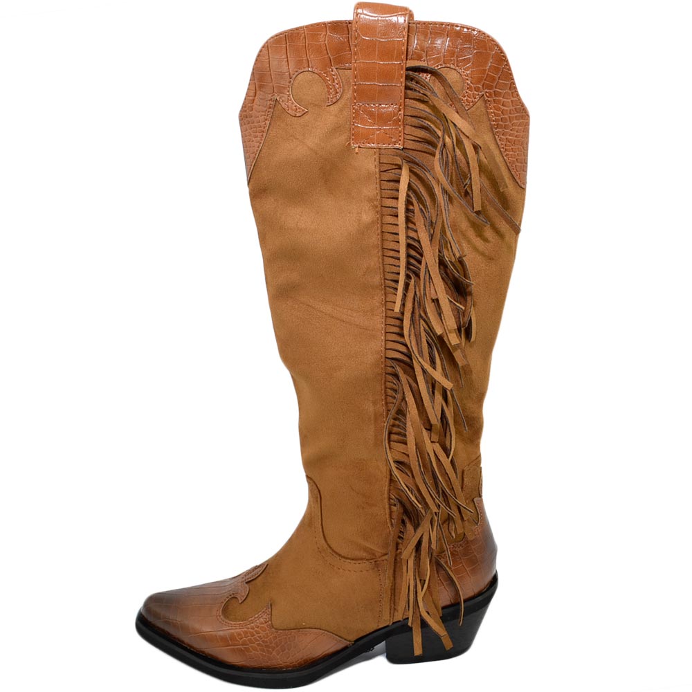 Stivali donna camperos texani stile western cuoio fantasia astratta pelle su camoscio tinta unita sopra ginocchio zip.