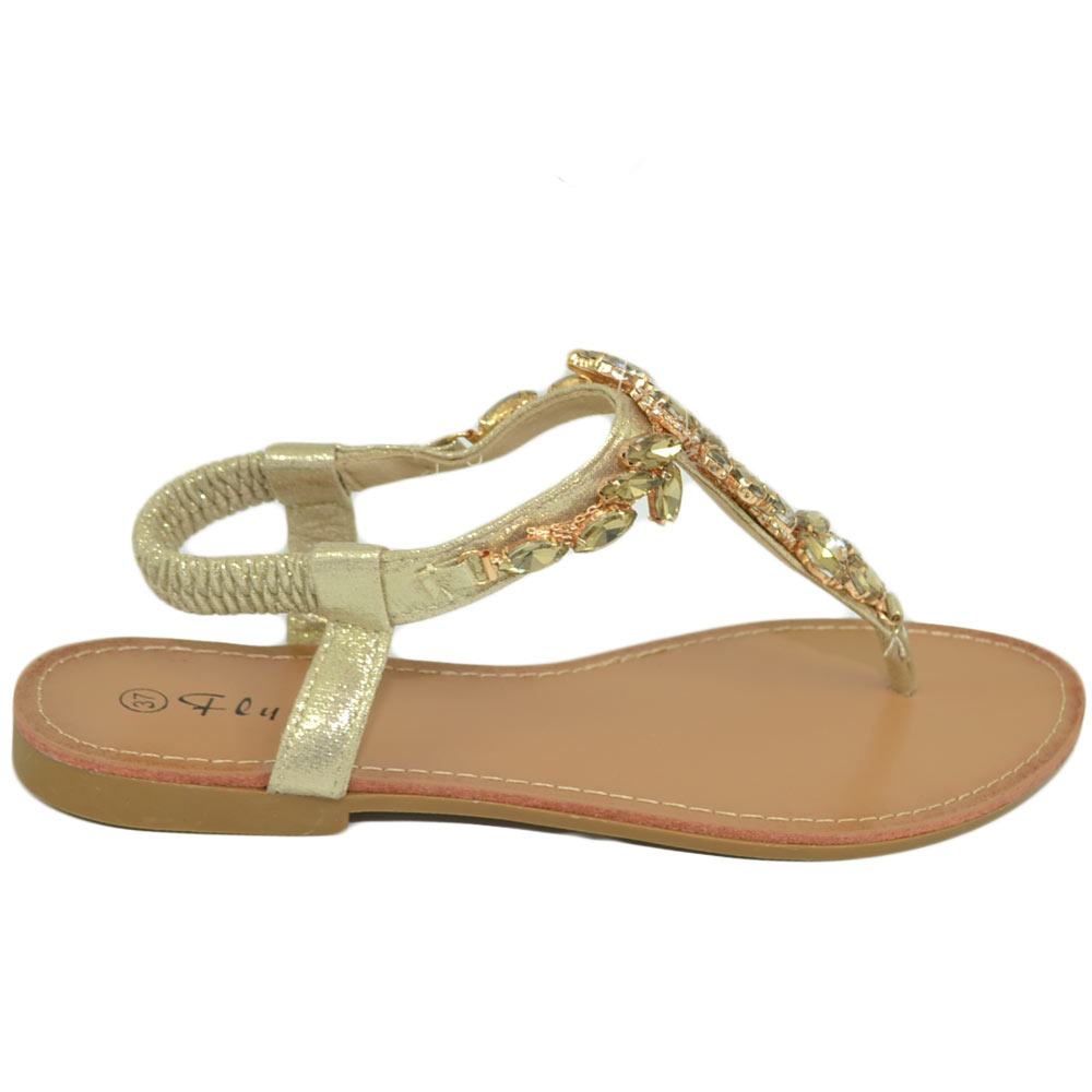Sandalo gioiello infradito oro con pietre dorate donna basso positano capri con suola antiscivolo gomma cinturino