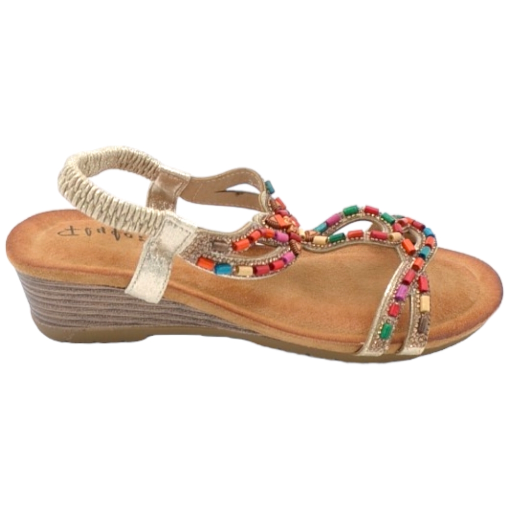 Sandalo gioiello oro pietre colorate tacco zeppa 3cm soletta memory fondo antiscivolo gomma cinturino caviglia