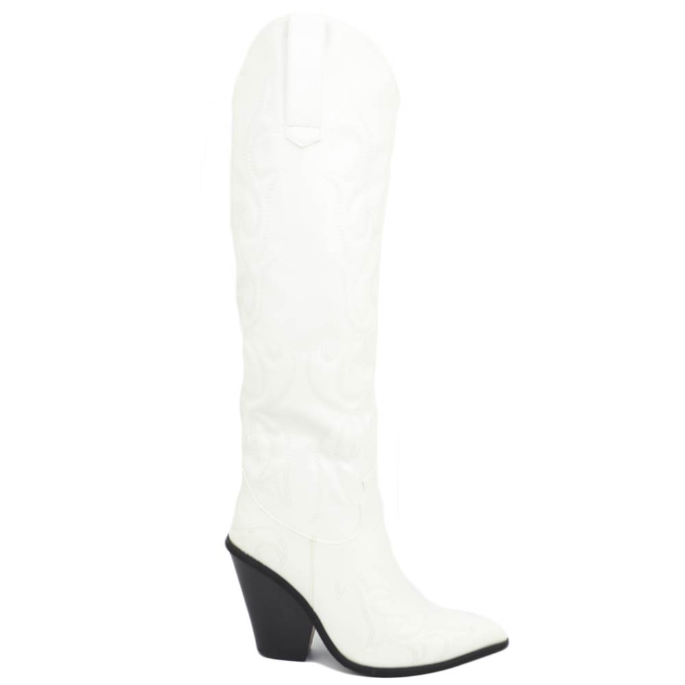 Stivali alti camperos bianchi donna texani rigidi a punta con tacco western e stampa in 3d astratta  con zip