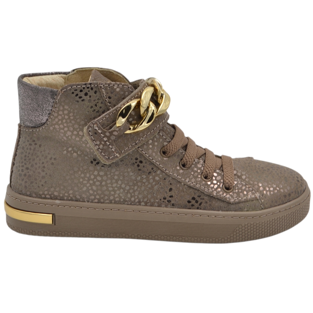 Sneakers alte da bambina in vera pelle scamosciata bronzo con catena dorata strappo e lacci.