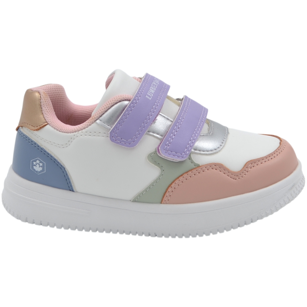 Sneakers da bambina Lumberjack bianche e multicolor con doppio cinturino a strappo e suola ammortizzata.