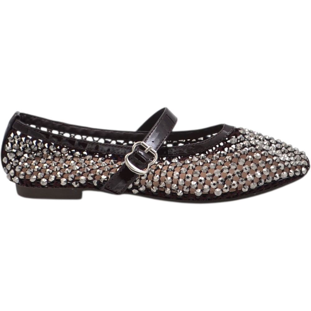 Ballerina Mary Jane donna marrone in rete traforata con strass applicati e cinturino regolabile.