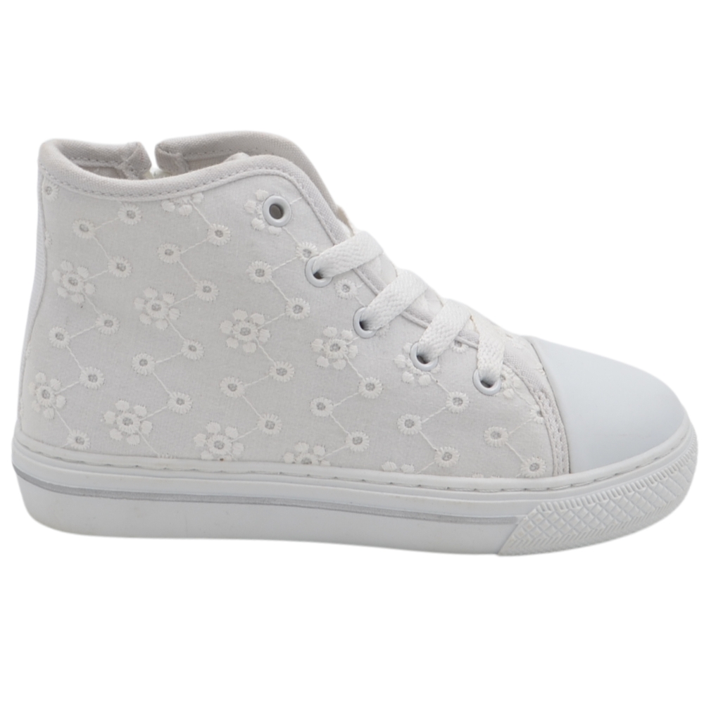 Sneakers alte da bambina Cienta bianche in cotone biologico ricamato con zip laterale e suola profumata.