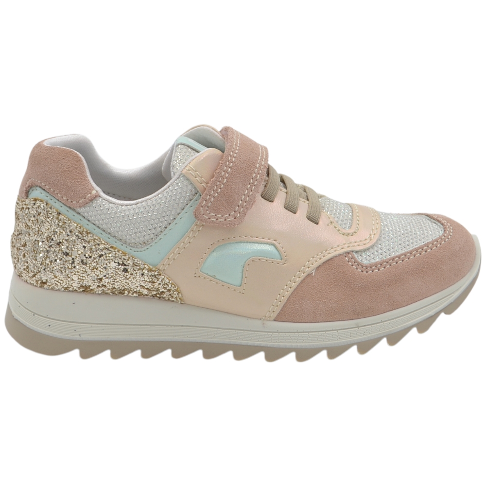 Sneakers da bambina Lumberjack rosa e glitter con lacci elastici e cinturino a strappo.