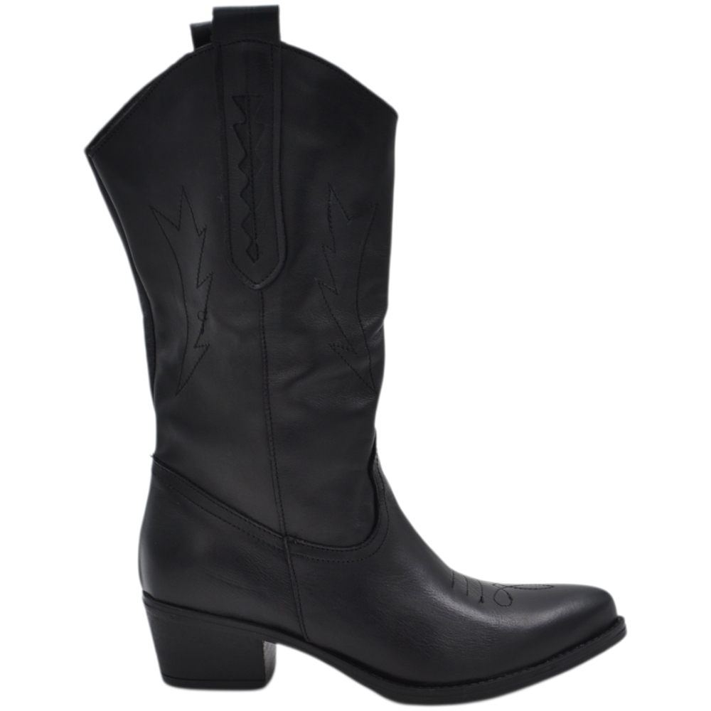Stivali Texani Donna in Vera Pelle Nera Stivaletti Cowboy Western con Tacco Basso Gambale Alto e Cuciture Decorative.