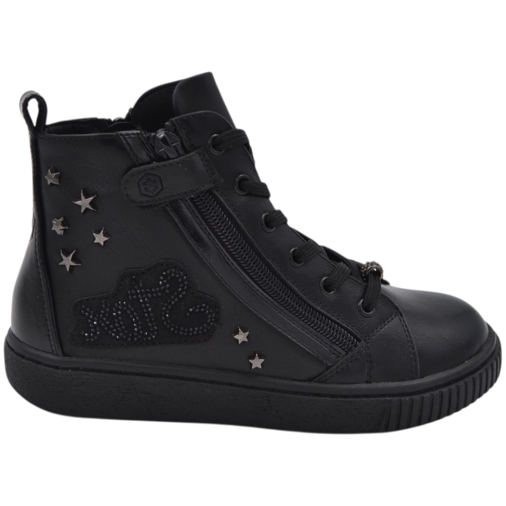 Sneakers alte da bambina Lumberjack nere in pelle con borchie a stella strass e doppia zip.