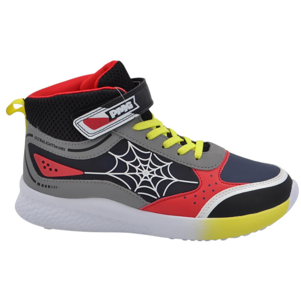 Sneakers alte da bambino Primigi Spider-Man style con grafica ragnatela lacci elastici e velcro.