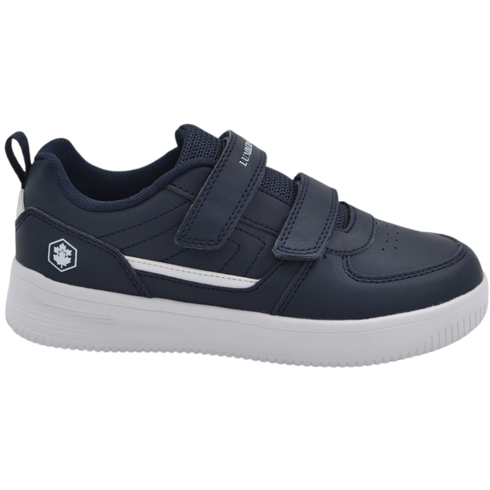 Sneakers da bambino Lumberjack blu notte in ecopelle con banda laterale bianca e doppio strappo.