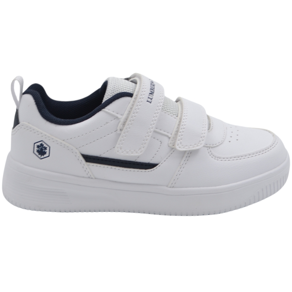 Sneakers da bambino Lumberjack bianche con dettagli blu notte doppio velcro e punta traforata.