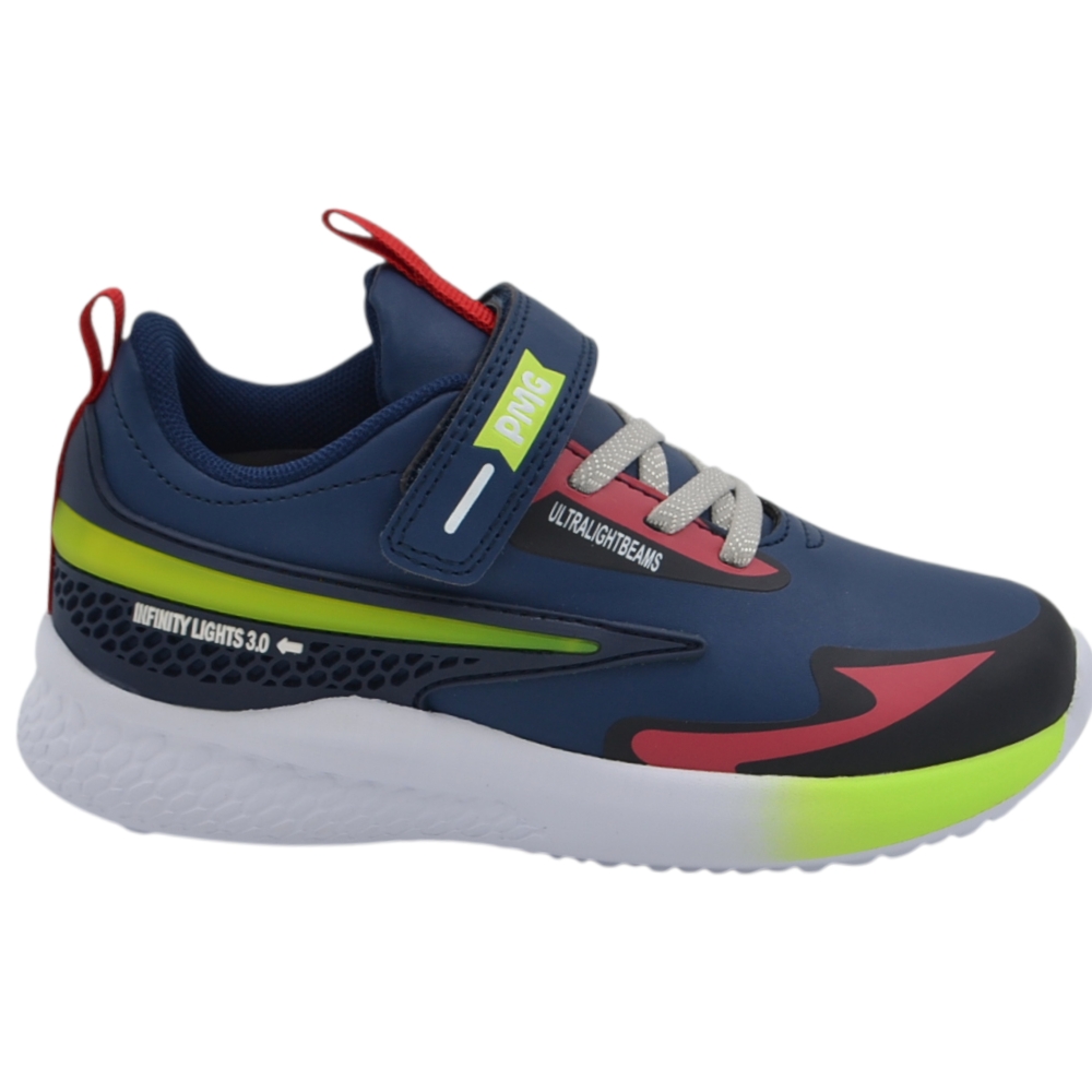 Sneakers da bambino Primigi blu con luci Infinity Lights dettagli fluo e lacci elastici.