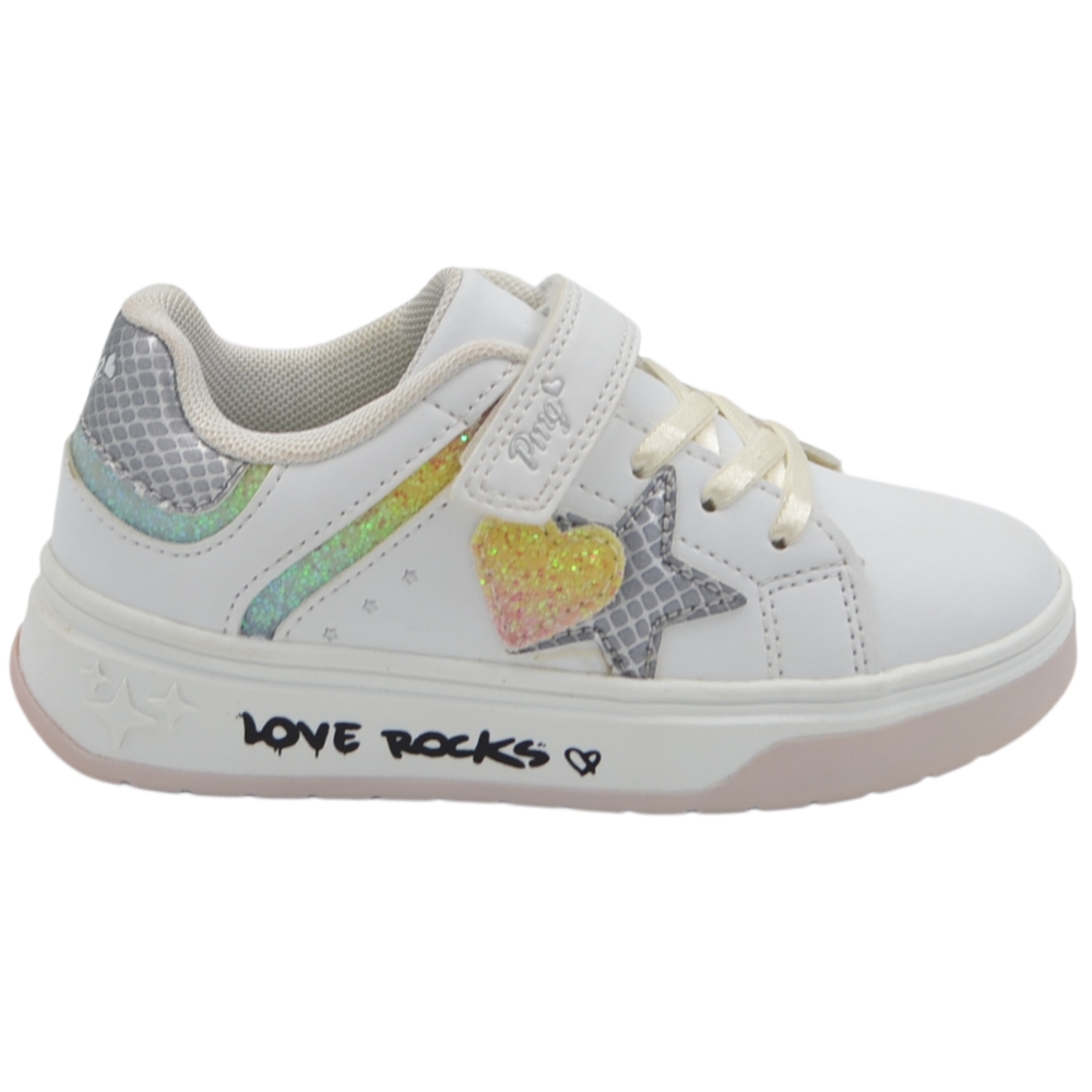Sneakers da bambina Primigi bianche con cuore glitterato stella argento lacci elastici e velcro.