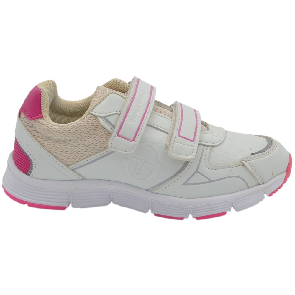 Sneakers da bambina Sergio Tacchini bianche con dettagli rosa fucsia e doppio velcro.