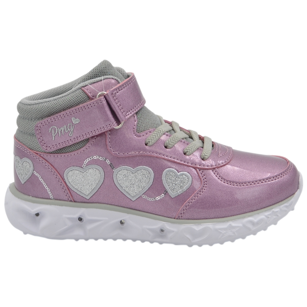 Sneakers alte da bambina Primigi rosa metallizzato con luci, cuori glitter e doppio sistema di chiusura.