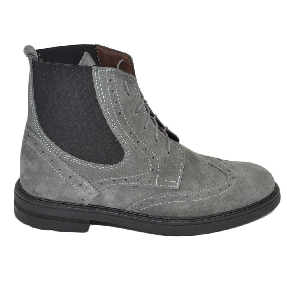 Stivaletto uomo anfibio Chelsea vera pelle camoscio grigio lacci elastico fondo roccia ziglinato invernale antiscivolo