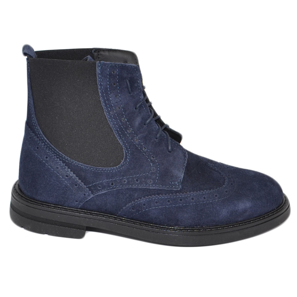 Stivaletto uomo anfibio chelsea vera pelle camoscio blu lacci elastico  fondo roccia ziglinato invernale antiscivolo uomo anfibi Malu Shoes