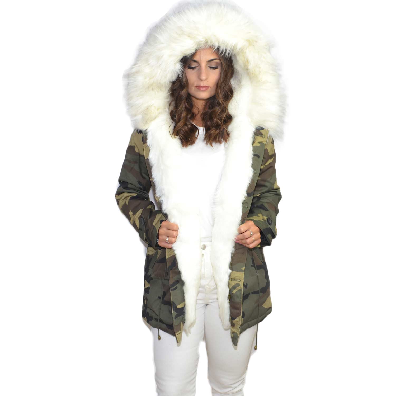 Parka giacca donna invernale mimetico camouflage verde con pelliccia  voluminosa ecologica bianc piumino giubbotto caldo donna parka K-ZELL