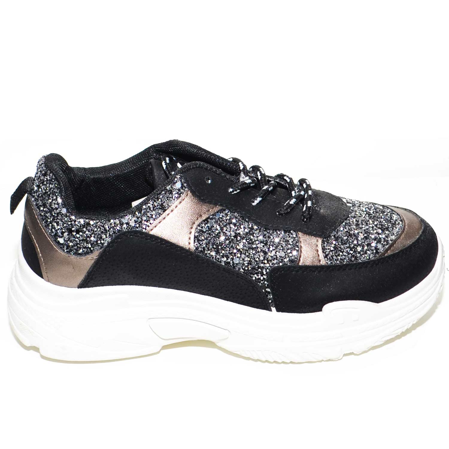 SNEAKERS BASSA DA DONNA NERA ANTRACITE CON FONDO DOPPIO GOMMA BIANCO TESSUTO SATINATO E LACCIA A CHIUSURA RAPIDA 