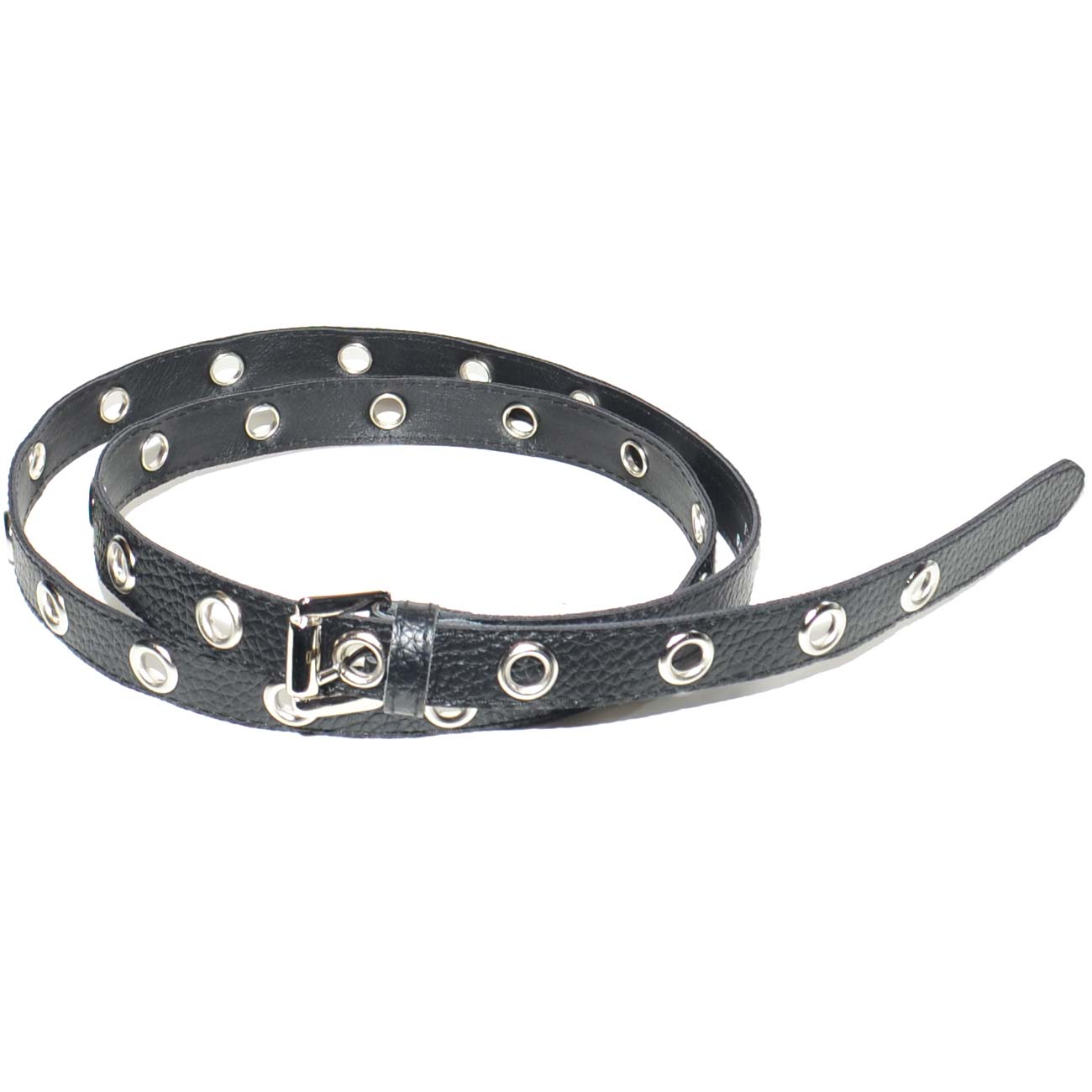 Cintura donna nera sottile in ecopelle lunga arrotolabile con borchioni a foro argento h 3 cm da vita o fianchi