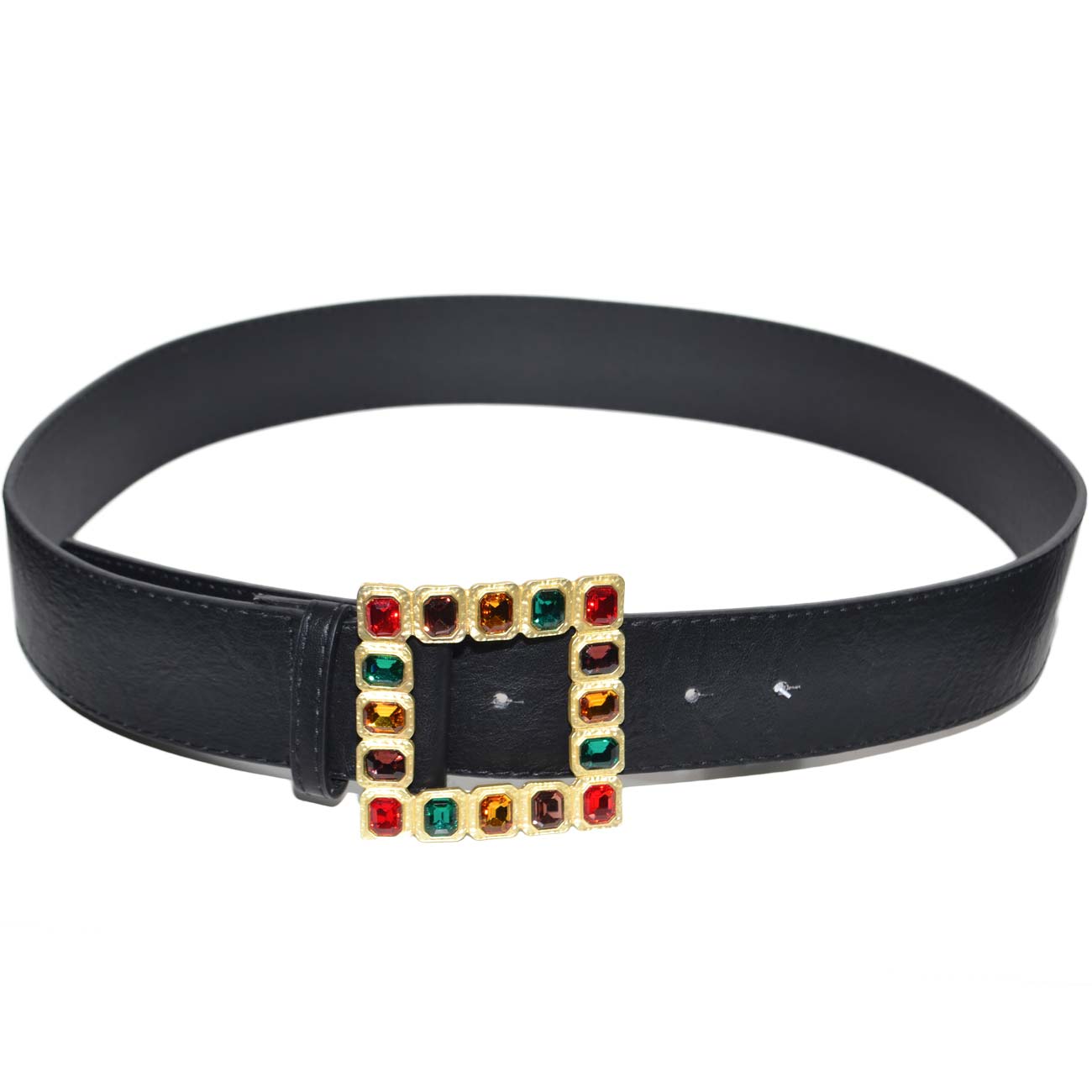 Cintura donna nera con fibbia quadrata gioiello e strass pietre colorate regolabile moda altezza 5 cm glamour 