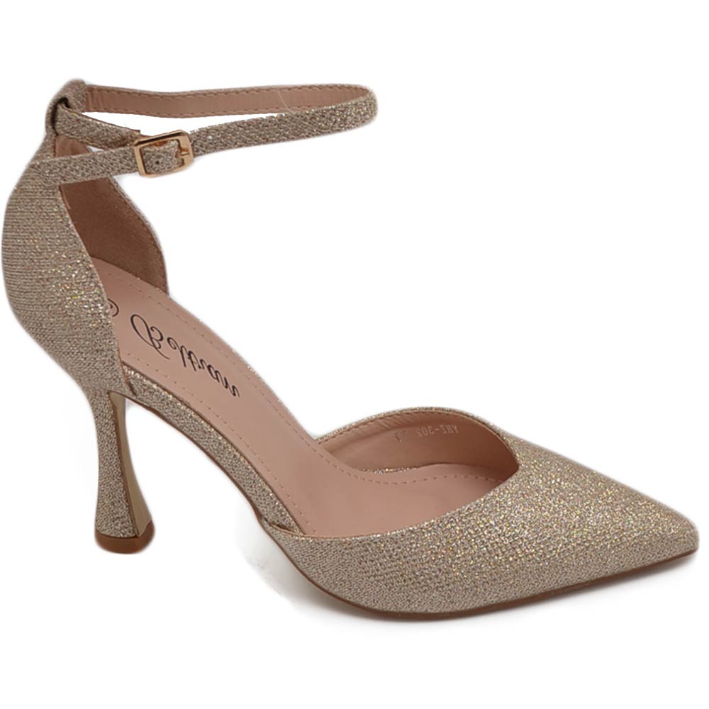 Decollete donna in glitter oro con cinturino alla caviglia e tacco a base stabile 10 cm elegante comodo.
