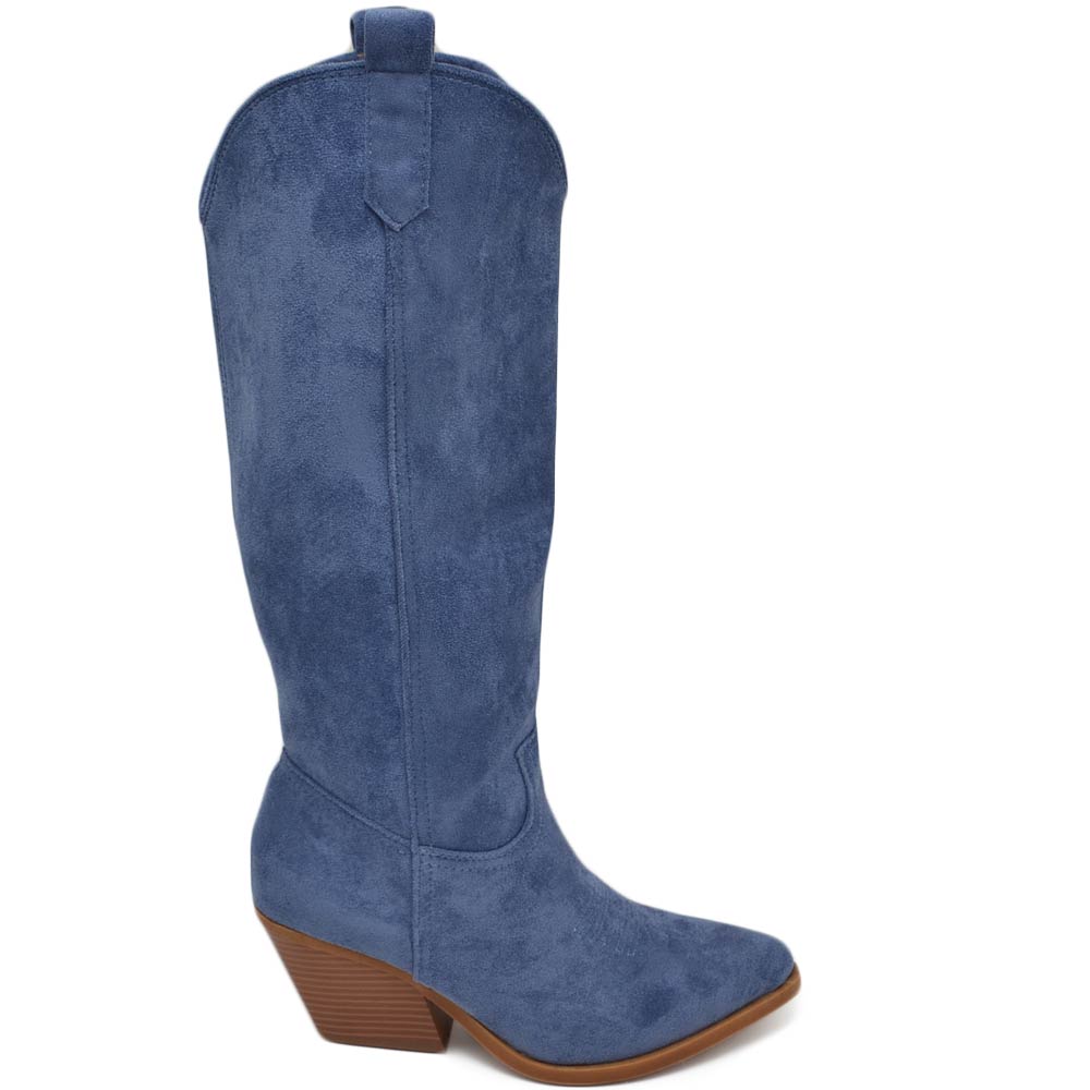 Stivali donna camperos texani blu jeans liscio scamosciato zip tacco western comodo in legno altezza ginocchio moda