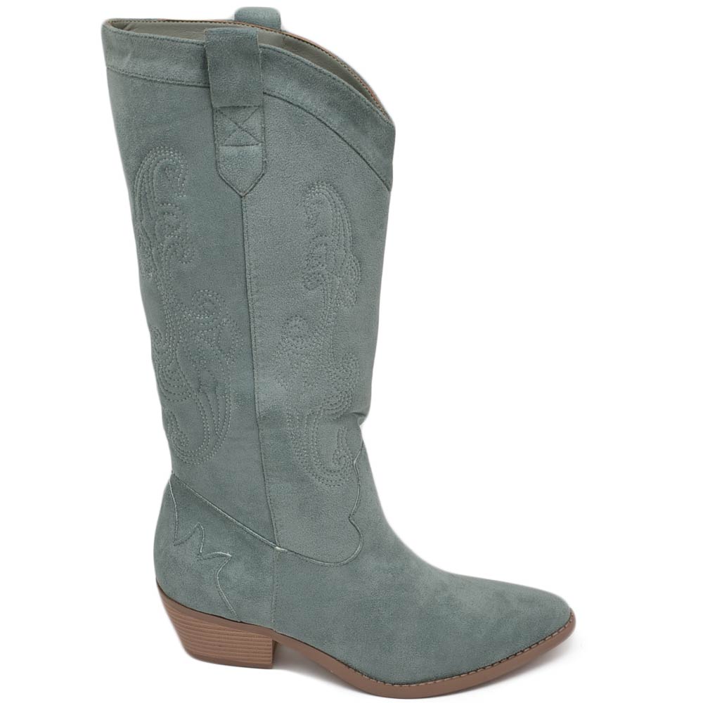 Stivali texani camperos donna trasversali camoscio verde salvia tacco western legno 3 cuciture in risalto moda tendenza