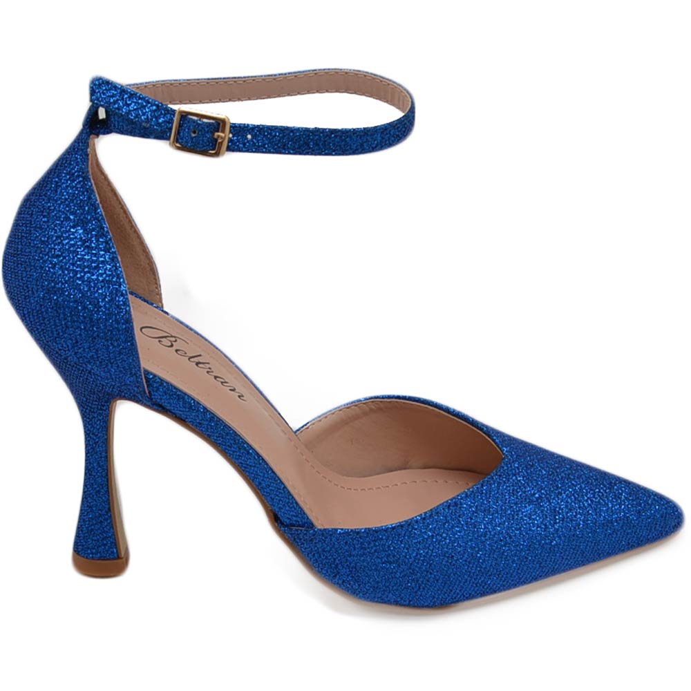 Decollete donna in glitter blu royal con cinturino alla caviglia e tacco a base stabile 10 cm elegante comodo.