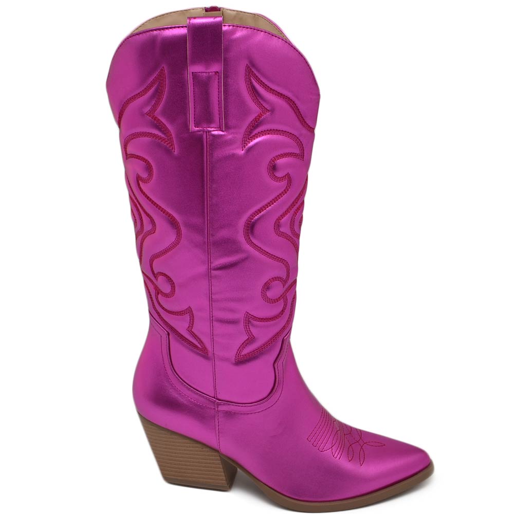 Stivali donna camperos texani stile western dettagli laser fucsia porpora perlato tacco western 7 cm con zip laterale