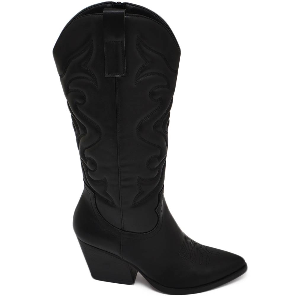 Stivali donna camperos texani stile western dettagli laser nero effetto matte tacco western 7 cm con zip laterale