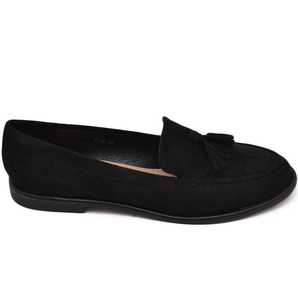 Mocassino donna pantofola con pappina in camoscio nero suola in gomma moda