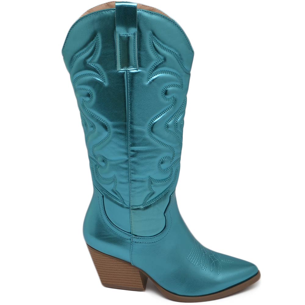 Stivali donna camperos texani stile western dettagli laser turchese azzurro perlato tacco western 7 cm con zip laterale.