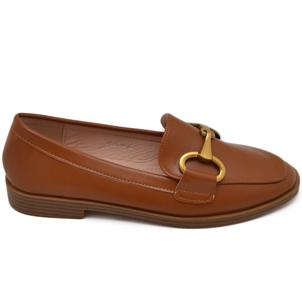 Mocassino donna pantofola in pelle cuoio con morsetto dorato suola in gomma antiscivolo
