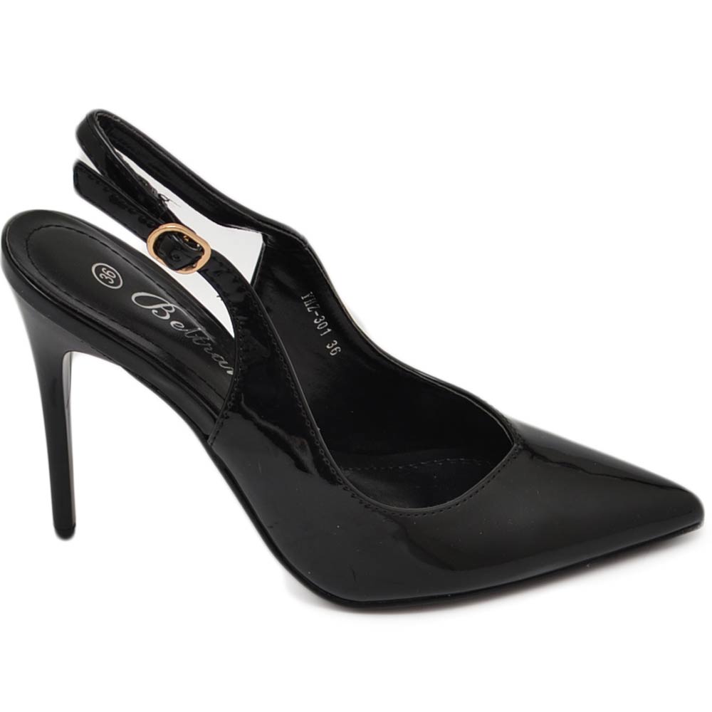 Scarpe decollete slingback donna elegante punta in vernice lucida nero tacco 12 cm cerimonia cinturino retro tallone.