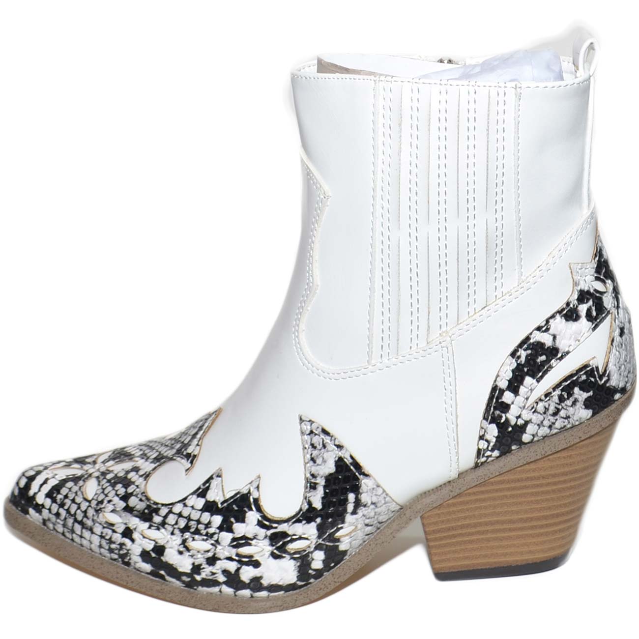Tronchetto stivaletti donna bianco texani modello camperos a punta alta con fantasia animalier pitonata zip interna