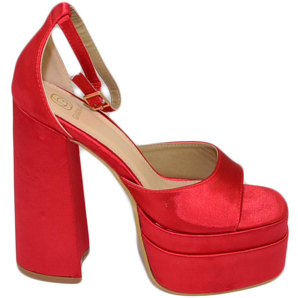 SANDALO DONNA TACCO IN RASO ROSSO TACCO DOPPIO 15 CM PLATEAU 6 CM CINTURINO ALLA CAVIGLIA OPEN TOE MODA