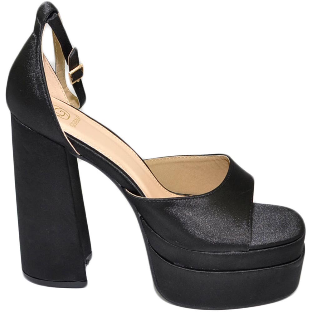 SANDALO DONNA TACCO IN RASO NERO TACCO DOPPIO 15 CM PLATEAU 6 CM CINTURINO ALLA CAVIGLIA OPEN TOE MODA.