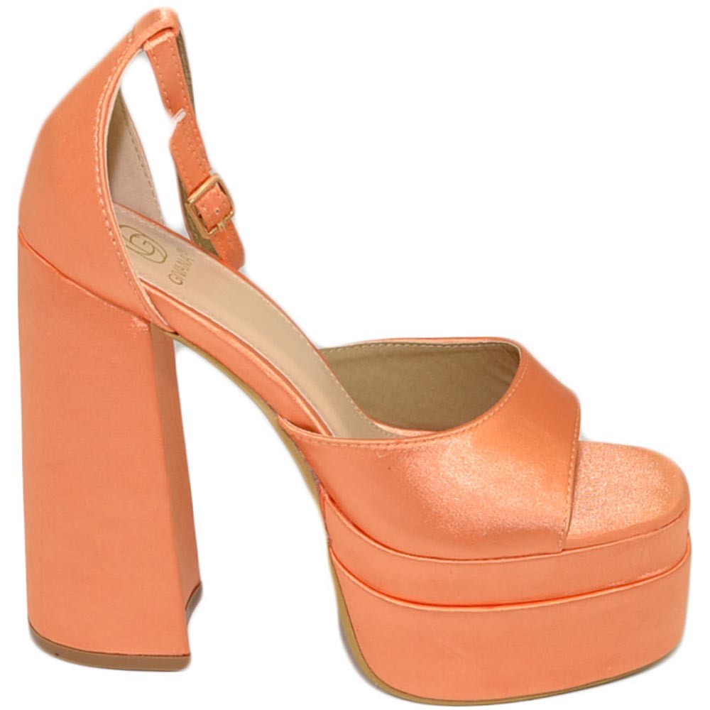 SANDALO DONNA TACCO IN RASO ARANCIONE TACCO DOPPIO 15 CM PLATEAU 6 CM CINTURINO ALLA CAVIGLIA OPEN TOE MODA