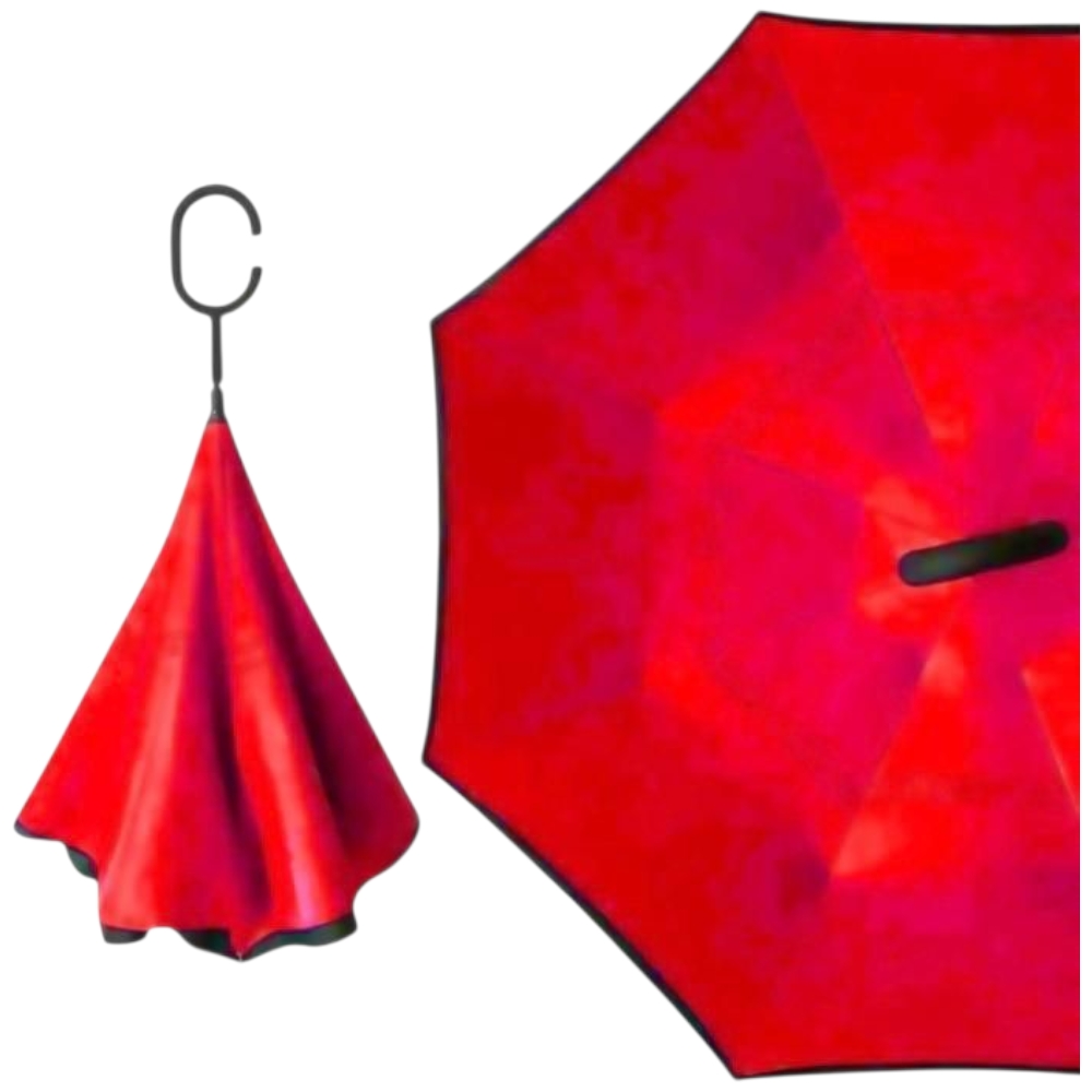Ombrello rosso invertito doppio strato antivento manico a forma di c ribaltabile inverso anti uv